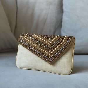 Elegant Beaded Clutch in Cream and Gold